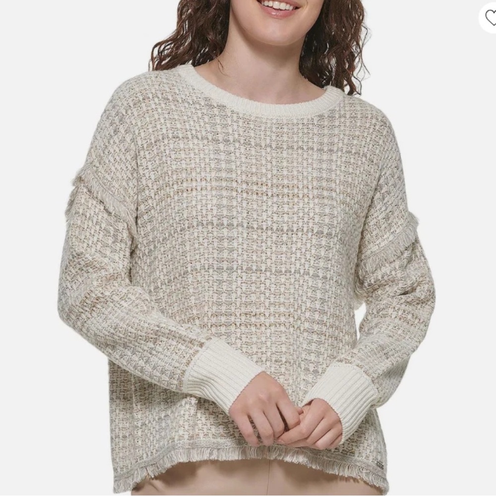 DKNY Women’s Cream Metallic Fringe Loose Fit Pullover Casual Sweater sz L